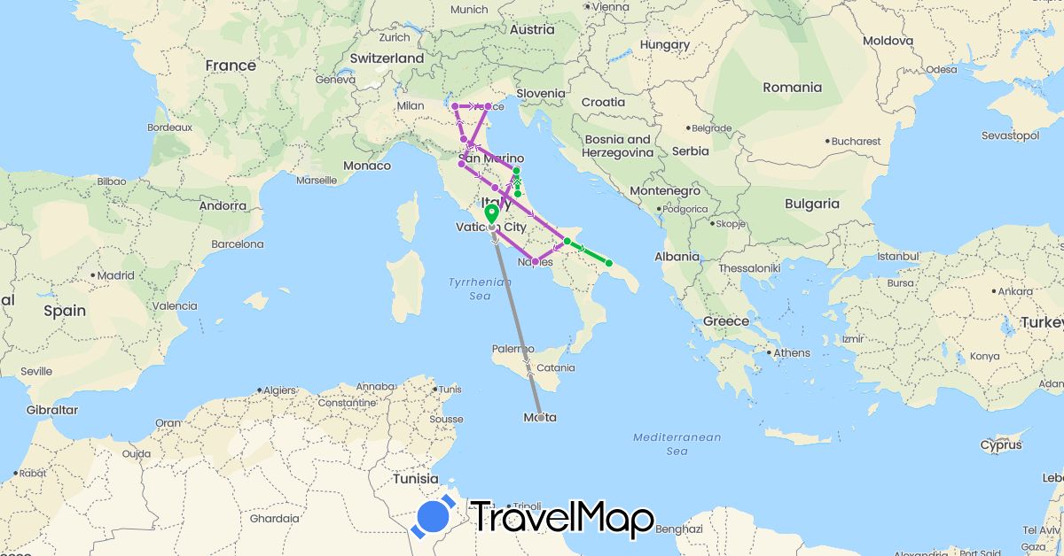 TravelMap itinerary: bus, plane, train in Italy, Malta (Europe)